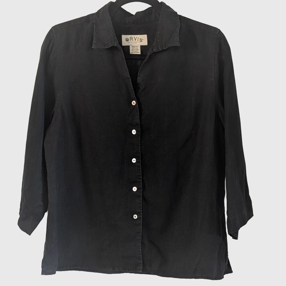Orvis 100% Linen Shirt M 10/12 Black Button Front 3/4 Sleeve Blouse READ